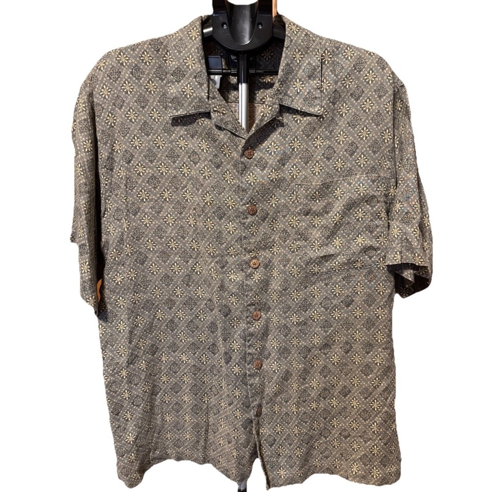 Tommy Bahama Mens‎ L Green Linen Camp Shirt Tropical Beach Vacation Button Up